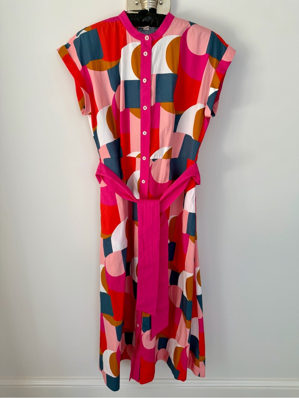 Vibrant Boden Pink Geo-Print Shirt Dress with Tie Waist - Picture 2 of 5